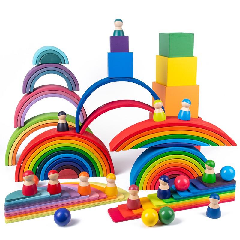 Waldorf Inspired Wooden Toys Hand Painted Rainbow Puzzle Building Block Set