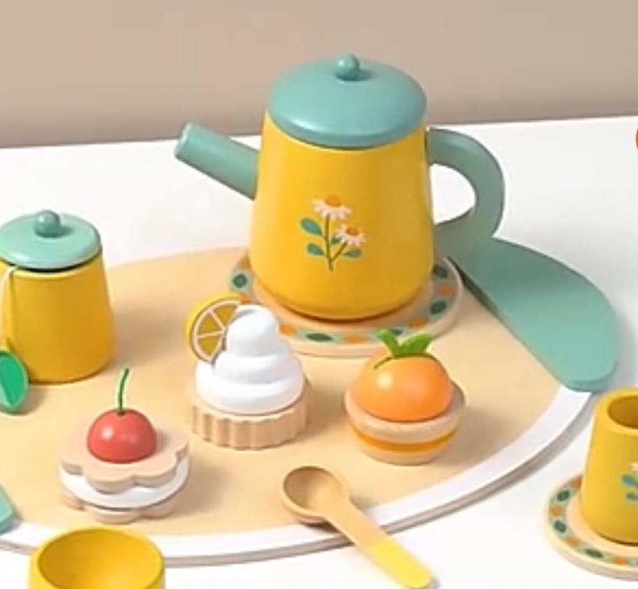 Montessori Wooden Kitchen Simulation Afternoon Tea Toy Set Mini Dessert Cake