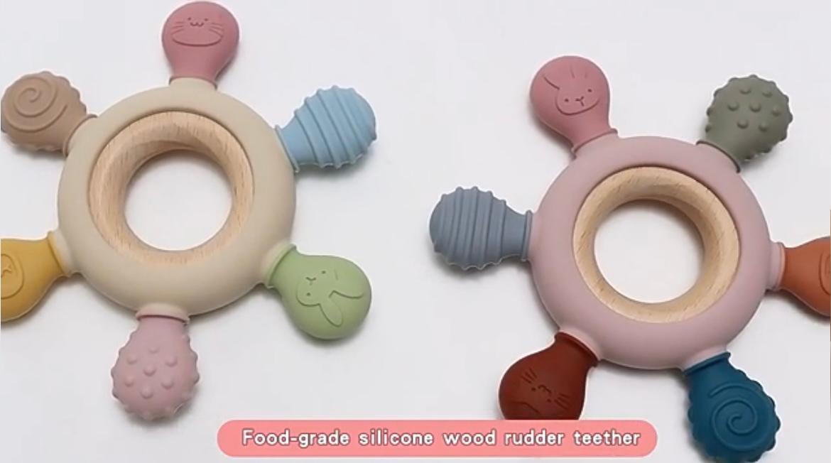 baby teether oral sensory wood  silicone ring toys bpa free